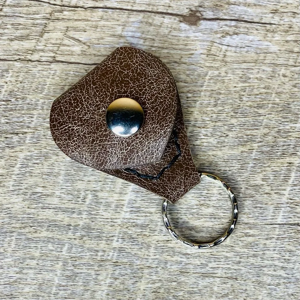 Leather Guitar Picks Holder Keychain handmade crackled brown Aldi coin holder - Picture 1 of 9